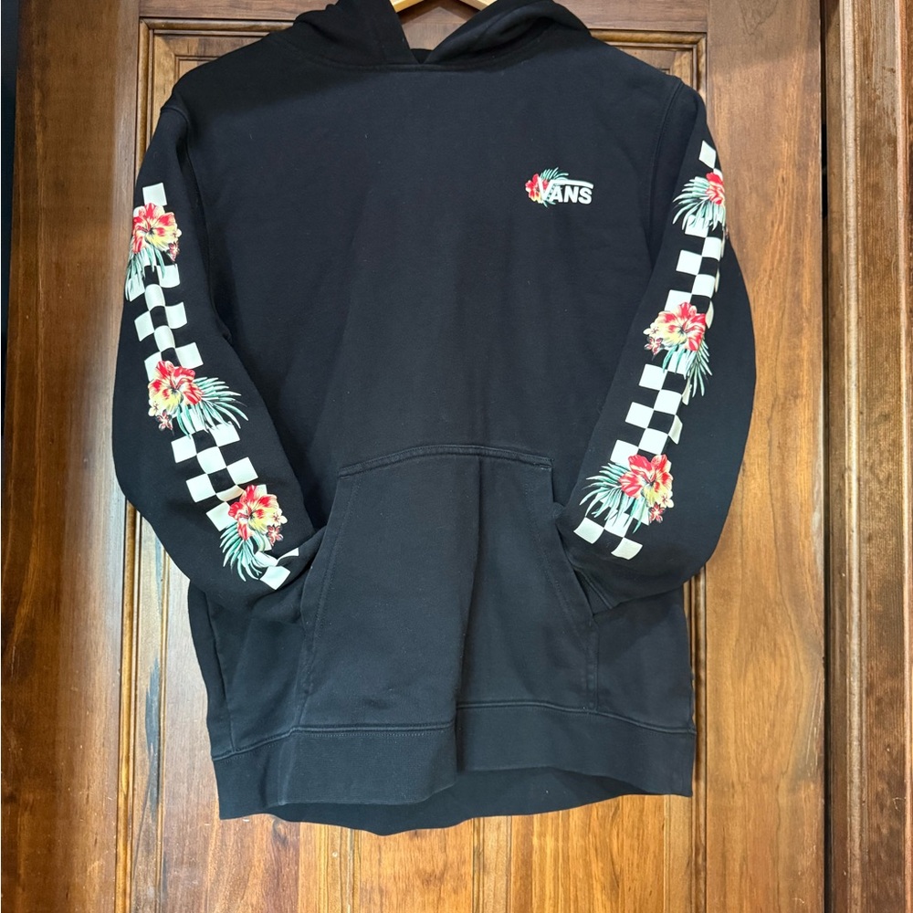 Vans Black Hoodie with Floral and Checkered Sleeves